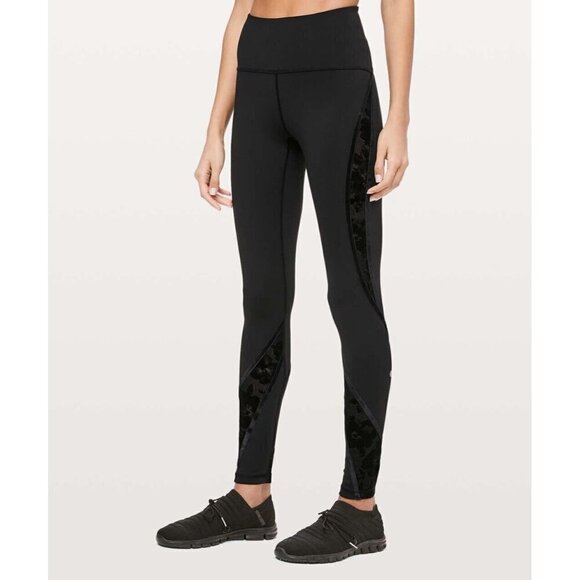 Lululemon Wunder Under Black Scatter Floral Velvet Lace Flocked Leggings - Picture 2 of 13